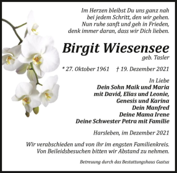 Traueranzeige von Birgit Wiesensee (geb. Tasler)  von Magdeburger Volksstimme