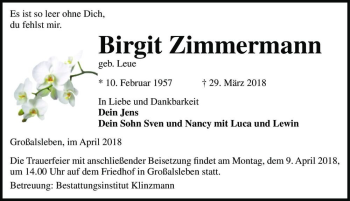 Traueranzeige von Birgit Zimmermann (geb. Leue)  von Magdeburger Volksstimme