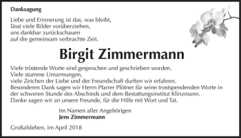 Traueranzeige von Birgit Zimmermann (geb. Leue)  von Magdeburger Volksstimme