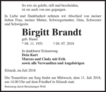 Traueranzeige von Birgitt Brandt (geb. Haase)  von Magdeburger Volksstimme