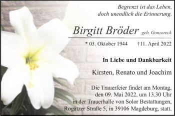Traueranzeige von Birgitt Bröder (geb. Gonzoreck)  von Magdeburger Volksstimme