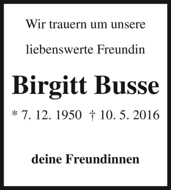 Traueranzeige von Birgitt Busse  von Magdeburger Volksstimme
