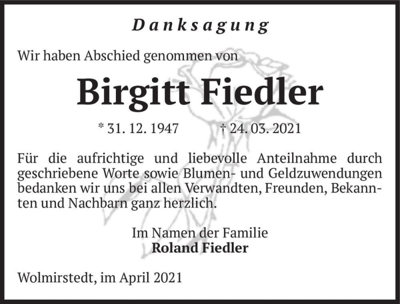  Traueranzeige für Birgitt Fiedler  vom 30.04.2021 aus Magdeburger Volksstimme