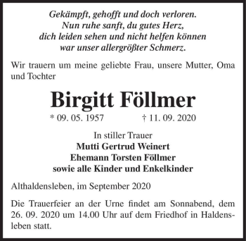 Traueranzeige von Birgitt Föllmer  von Magdeburger Volksstimme