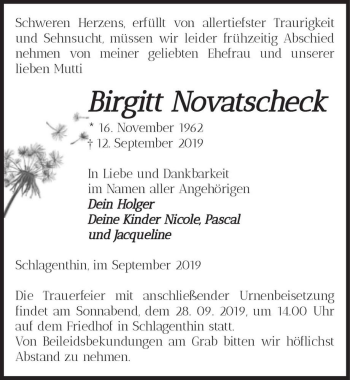 Traueranzeige von Birgitt Novatscheck  von Magdeburger Volksstimme