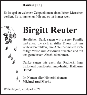 Traueranzeige von Birgitt Reuter  von Magdeburger Volksstimme