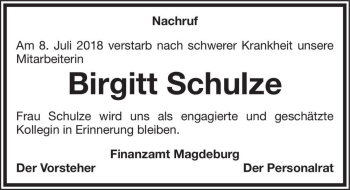 Traueranzeige von Birgitt Schulze  von Magdeburger Volksstimme