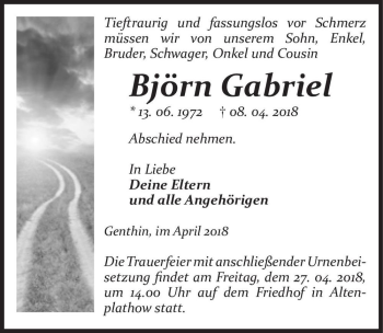 Traueranzeige von Björn Gabriel  von Magdeburger Volksstimme