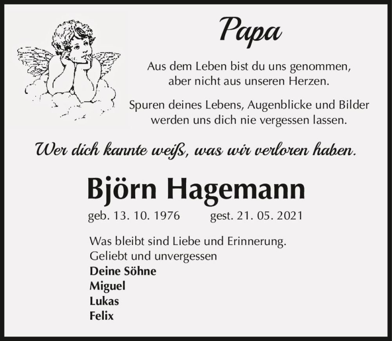  Traueranzeige für Björn Hagemann  vom 10.07.2021 aus Magdeburger Volksstimme