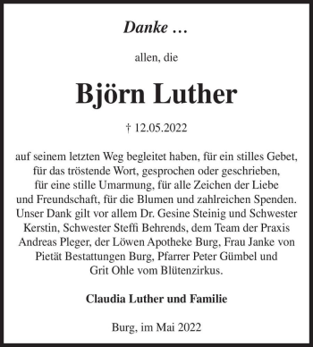 Traueranzeige von Björn Luther  von Magdeburger Volksstimme