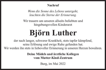 Traueranzeige von Björn Luther  von Magdeburger Volksstimme