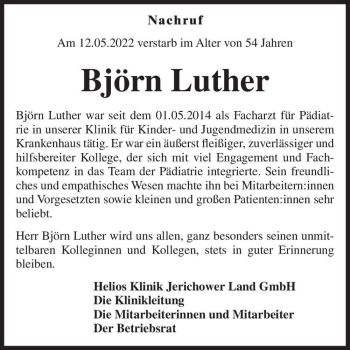 Traueranzeige von Björn Luther  von Magdeburger Volksstimme