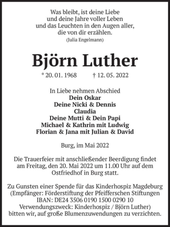 Traueranzeige von Björn Luther  von Magdeburger Volksstimme