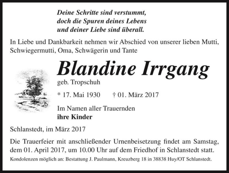  Traueranzeige für Blandine Irrgang (geb. Tropschuh)  vom 11.03.2017 aus Magdeburger Volksstimme