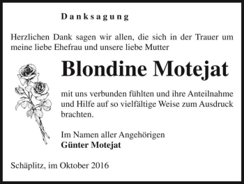 Traueranzeige von Blondine Motejat  von Magdeburger Volksstimme