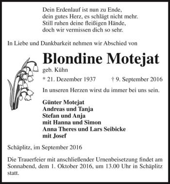 Traueranzeige von Blondine Motejat (geb. Kühn)  von Magdeburger Volksstimme