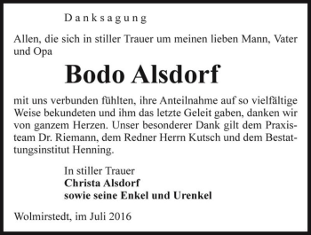 Traueranzeige von Bodo Alsdorf  von Magdeburger Volksstimme