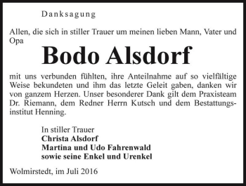 Traueranzeige von Bodo Alsdorf  von Magdeburger Volksstimme