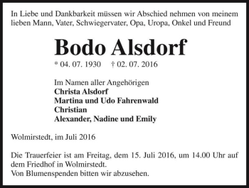 Traueranzeige von Bodo Alsdorf  von Magdeburger Volksstimme