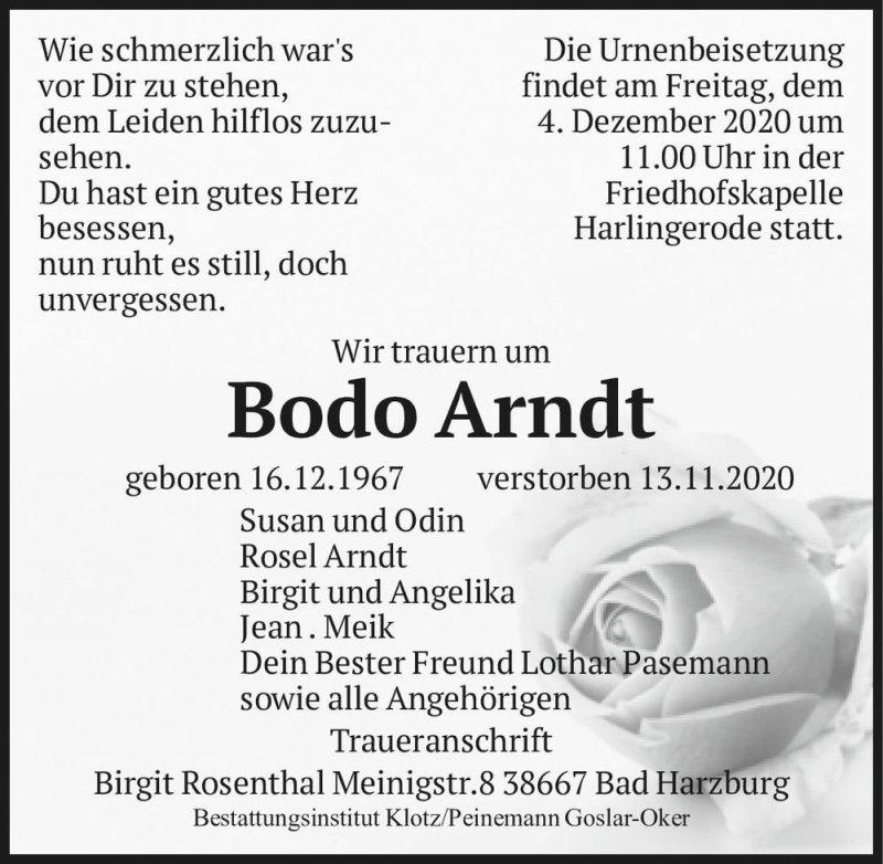  Traueranzeige für Bodo Arndt  vom 21.11.2020 aus Magdeburger Volksstimme