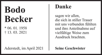 Traueranzeige von Bodo Becker  von Magdeburger Volksstimme