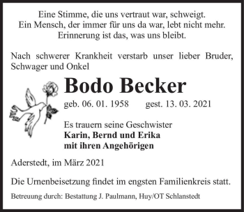 Traueranzeige von Bodo Becker  von Magdeburger Volksstimme