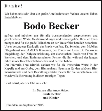 Traueranzeige von Bodo Becker  von Magdeburger Volksstimme