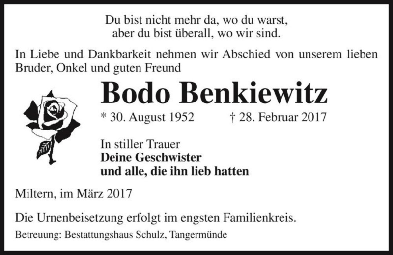 Traueranzeige für Bodo Benkiewitz  vom 04.03.2017 aus Magdeburger Volksstimme