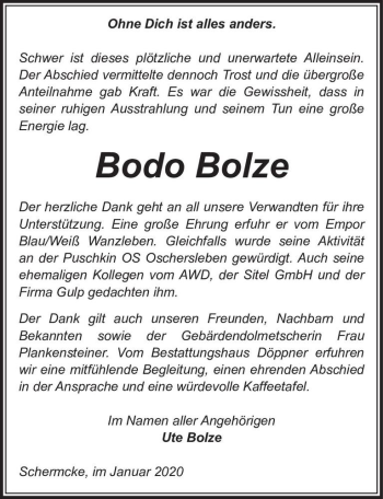 Traueranzeige von Bodo Bolze  von Magdeburger Volksstimme