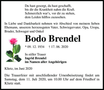 Traueranzeige von Bodo Brendel  von Magdeburger Volksstimme
