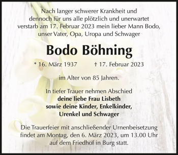 Traueranzeige von Bodo Böhning  von Magdeburger Volksstimme