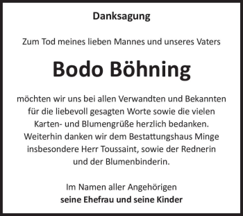 Traueranzeige von Bodo Böhning  von Magdeburger Volksstimme