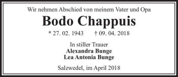 Traueranzeige von Bodo Chappuis  von Magdeburger Volksstimme