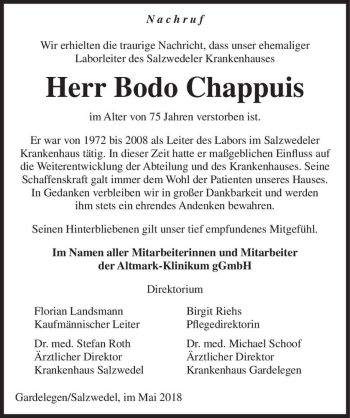 Traueranzeige von Bodo Chappuis  von Magdeburger Volksstimme