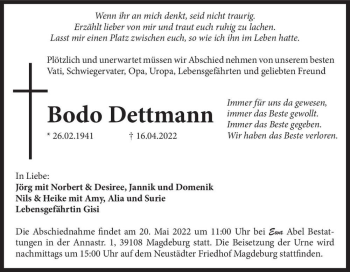 Traueranzeige von Bodo Dettmann  von Magdeburger Volksstimme