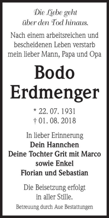 Traueranzeige von Bodo Erdmenger  von Magdeburger Volksstimme