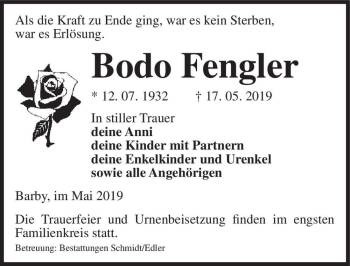 Traueranzeige von Bodo Fengler  von Magdeburger Volksstimme