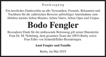Traueranzeige von Bodo Fengler  von Magdeburger Volksstimme