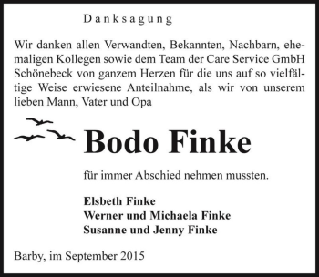 Traueranzeige von Bodo Finke  von Magdeburger Volksstimme