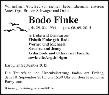 Traueranzeige von Bodo Finke  von Magdeburger Volksstimme