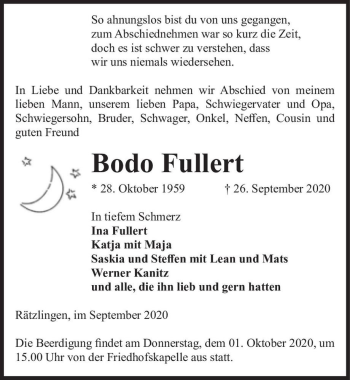 Traueranzeige von Bodo Fullert  von Magdeburger Volksstimme