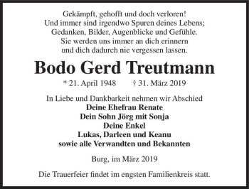 Traueranzeige von Bodo Gerd Treutmann  von Magdeburger Volksstimme