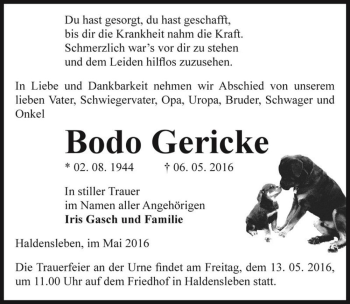 Traueranzeige von Bodo Gericke  von Magdeburger Volksstimme