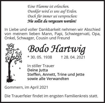 Traueranzeige von Bodo Hartwig  von Magdeburger Volksstimme