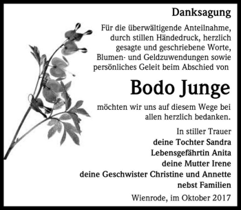 Traueranzeige von Bodo Junge  von Magdeburger Volksstimme