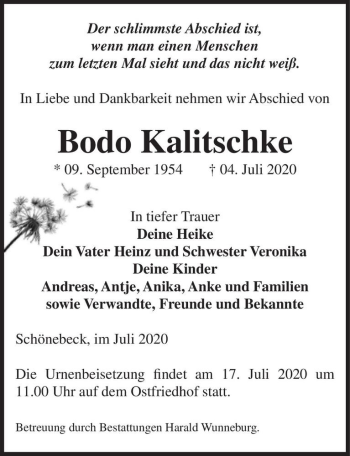 Traueranzeige von Bodo Kalitschke  von Magdeburger Volksstimme