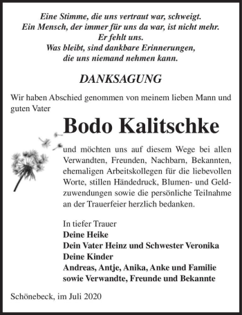 Traueranzeige von Bodo Kalitschke  von Magdeburger Volksstimme