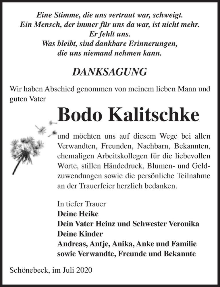  Traueranzeige für Bodo Kalitschke  vom 25.07.2020 aus Magdeburger Volksstimme