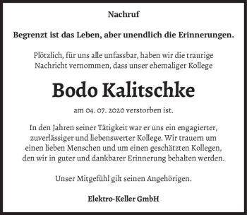 Traueranzeige von Bodo Kalitschke  von Magdeburger Volksstimme