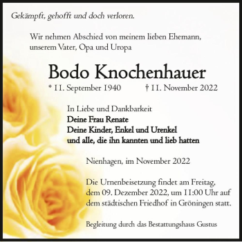 Traueranzeige von Bodo Knochenhauer  von Magdeburger Volksstimme